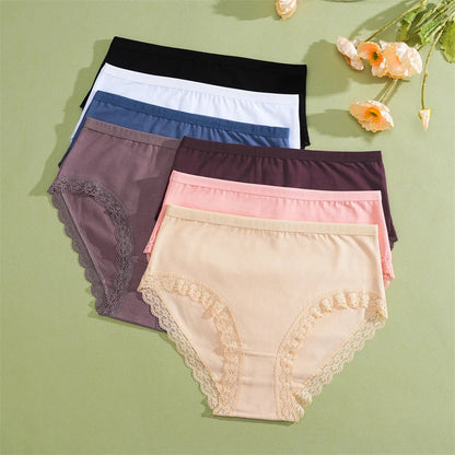 FINETOO 5Pcs Women Cotton Lace Underwear Sexy Seamless Breathable Panties Plus Size Mid-Waist Briefs Female Solid Soft Lingerie.