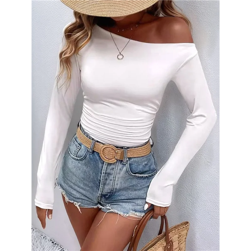 NEW-Women's Casual Long Sleeve Boat Neck Off Shoulder Slim Fit Crop Top Going Out Blouses Y2K Tight Shirts.
