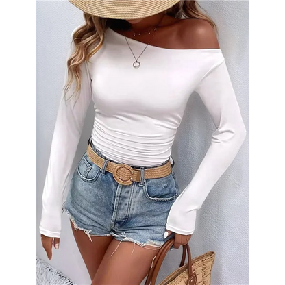 NEW-Women's Casual Long Sleeve Boat Neck Off Shoulder Slim Fit Crop Top Going Out Blouses Y2K Tight Shirts.