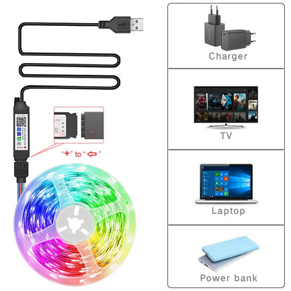 LED-Leuchten für TV, RGB-LED-Streifen, Bluetooth-Steuerung, 5 V, USB-LED-Band, flexibles Band für TV-Hintergrundbeleuchtung, Raumdekoration.