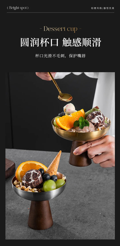 StainlessTea Tray Snack Tray Fruit Tray Salad Tray Steel Wooden Footed Cup High Foot Cup Ice Cream Cup Pudding Cup Dessert Plate.