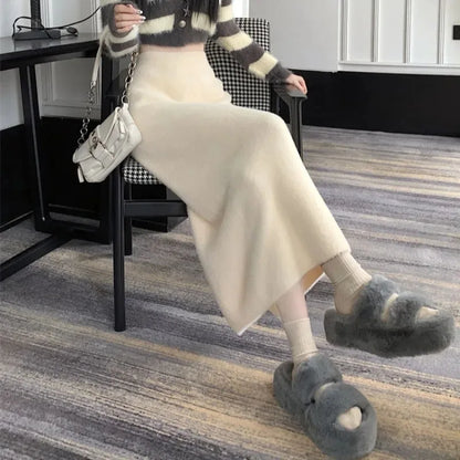 Korean Imitation Mink Plush Knitted Skirts Women Autumn Winter Thick Soft Split Pencil Skirts Elegant High Waist Bodycon Skirt.