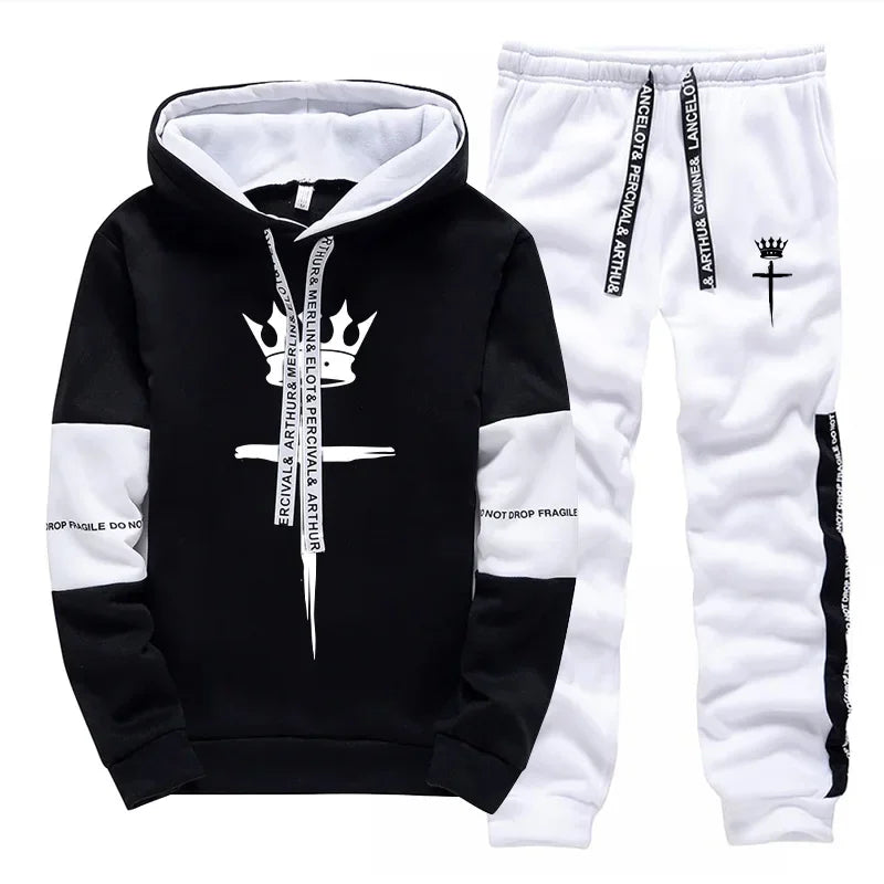 Cross Crown Print Sweatshirts Sweatpants High Quality Street Fashion Tracksuit 2025 Fall/winter Men's Sportswear 2pcs Set.