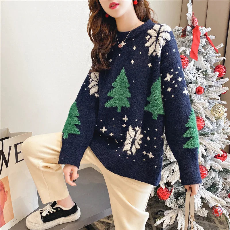 2024 Autumn/Winter New Korean Thickened Color blocked Christmas Sweater Women Hoodie Snowflake Loose Round Neck Lazy Style Tops.