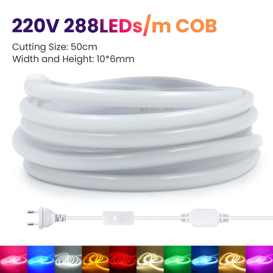 220V COB LED Light Strip Waterproof With EU Plug Red/Blue/Pink/Green Home Outdoor Garden Lighting Flex Silicone Tube Neon Lamp.