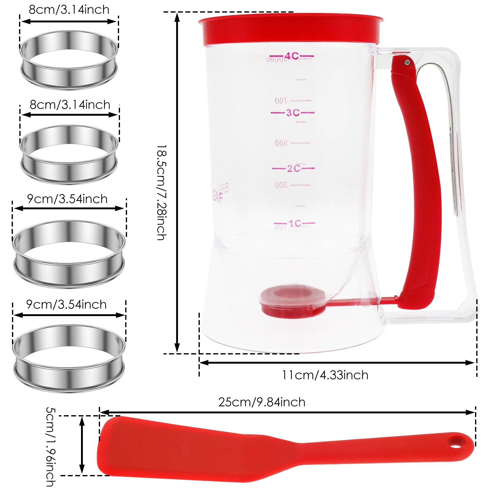 Batter Separator Easy to Use 900ml Pancake Batter Dispenser Reusable Batter Dispenser Set with Mousse Rings Spatula.