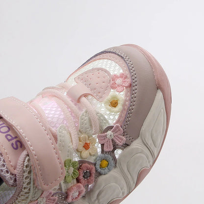 Girls Flowers Sports Shoes Children Princess Embroidered Running Shoes Air Mesh Girls Casual Sneakers Summer 2025 New