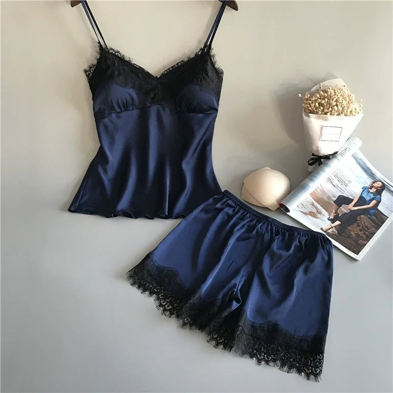 Sommer-Nachtwäsche für Damen, sexy Dessous, Spitze, Satin, Pyjama-Sets, Nachtwäsche, ärmellose Tops + Shorts, 2-teiliges Set, Pyjama-Sets.