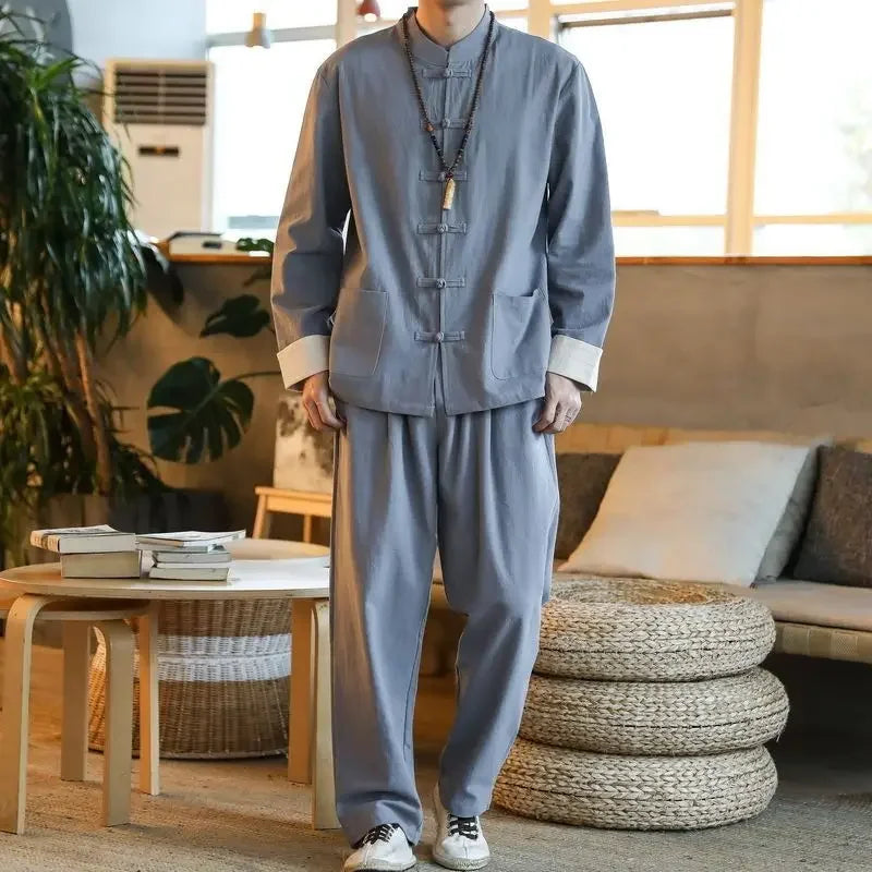 Traditional Chinese Men's Tang Suit Cotton Linen Ancient Costume Tea Servant Zen Meditation Clothing Middle Mountain Hanfu