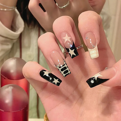 Short Square Fake Nails Y2K Style Nails Press on White/Black French Tips Star Diamond Designs False Nails for y2k Girls 24Pcs.
