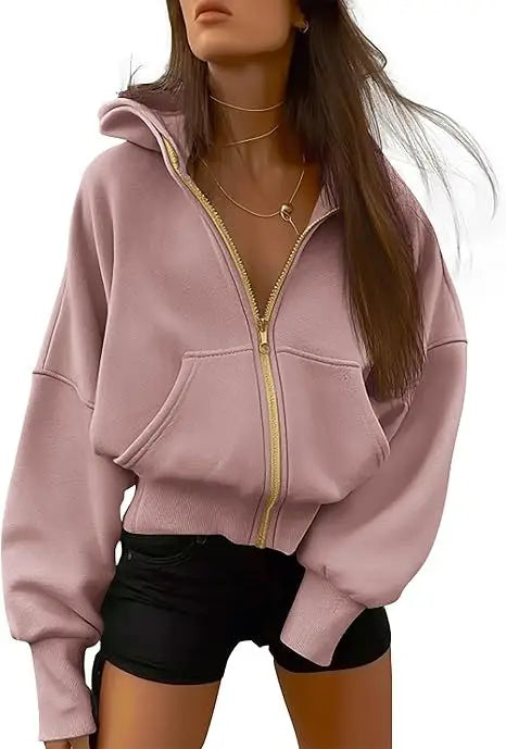 New Solid Color Zipper Splicing Hooded Coat, Women's Autumn Leisure Loose Sports Hooded Long Sleeve Coat Sweatshirt.