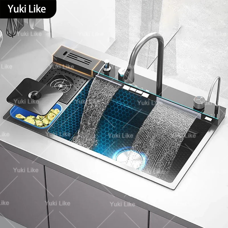 Large Single Slot Waterfall Stainless Steel Kitchen Sink With a Knife Holder and Trash Can Household Vegetable Washer Basin