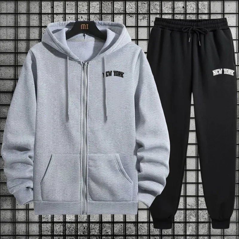 2025 Street Style Men Tracksuit Set 2pcs Zipper Hoodie Sweatpants Urban Streetwear Outfit Autumn Winter City Vibes Sportswear.