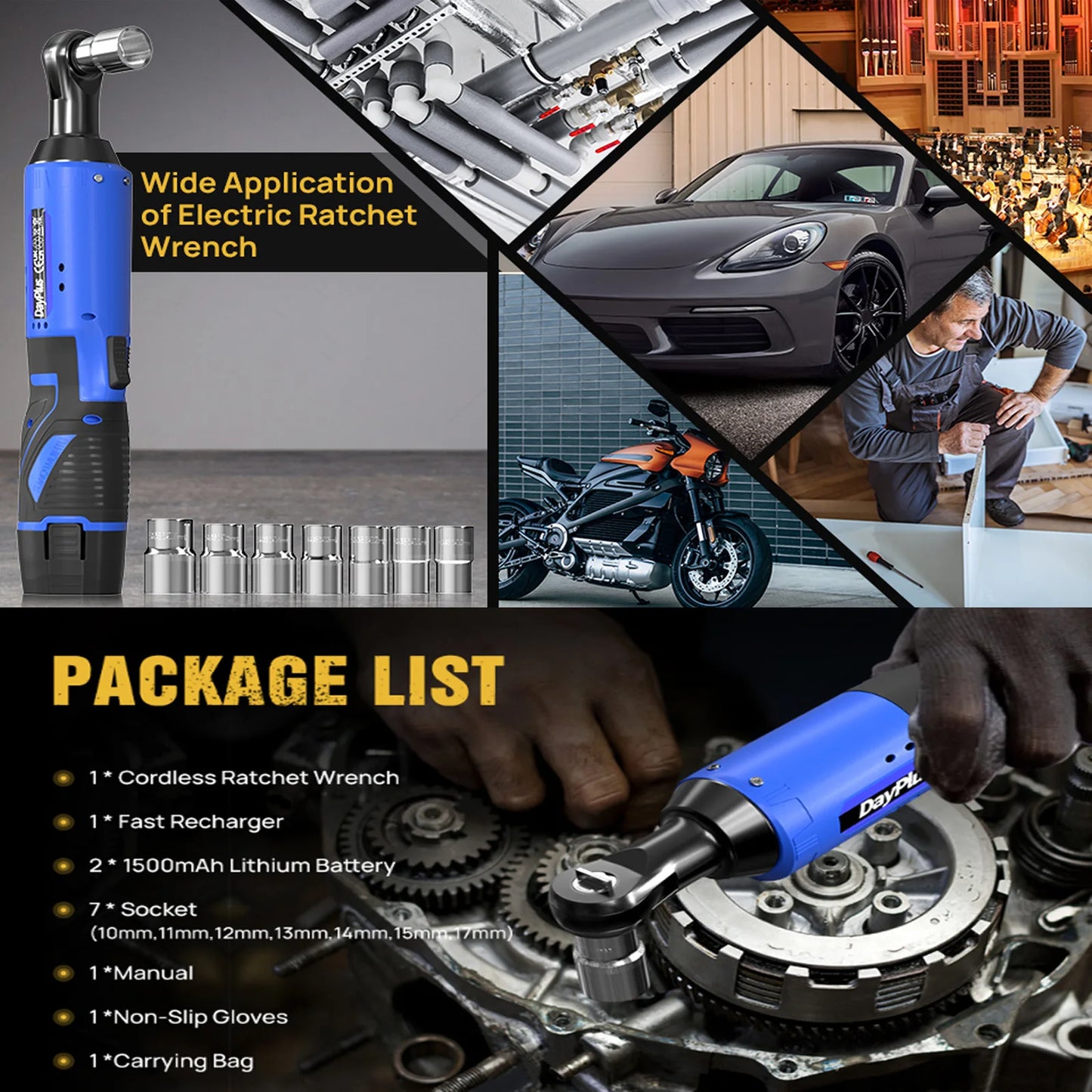 DayPlus 3/8 Zoll kabelloser elektrischer Ratschenschlüssel, 12 V Power-Ratschengerät 200 NM mit 2 x 1500 mAh-Batterien 90 °   Winkelschlüssel, 7 Steckdosen