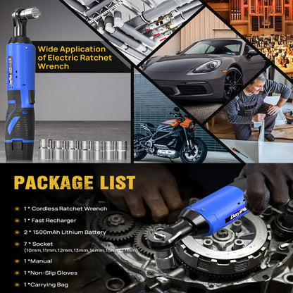 DayPlus 3/8 Zoll kabelloser elektrischer Ratschenschlüssel, 12 V Power-Ratschengerät 200 NM mit 2 x 1500 mAh-Batterien 90 °   Winkelschlüssel, 7 Steckdosen