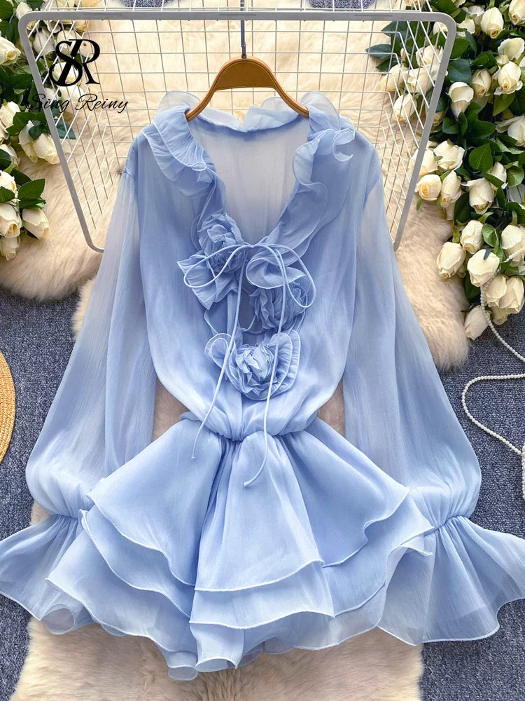 SINGREINY 3D Floral Strand Kurzes Kleid Weibliche Lange Ärmel Spitze Up Rüschen Chiffon Kuchen Sommerkleid Sheer Sexy Vintage Bohemian Kleid