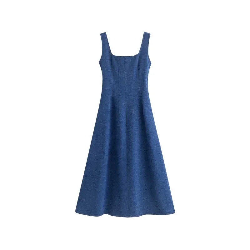 Blue Mist Love Französisches Jeanskleid für Damen, Sommer, einzigartiges Design, Taille, Cinching-Riemen, langes Kleid, elegante blaue Polyesterfaser.