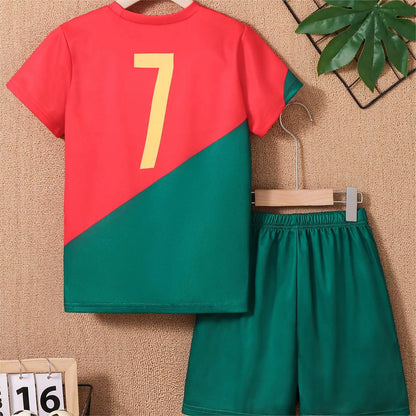 2025 Youth and Children Red and Green Splicing Color No. 7 Legend Quick-drying Sports Football Suit Set.