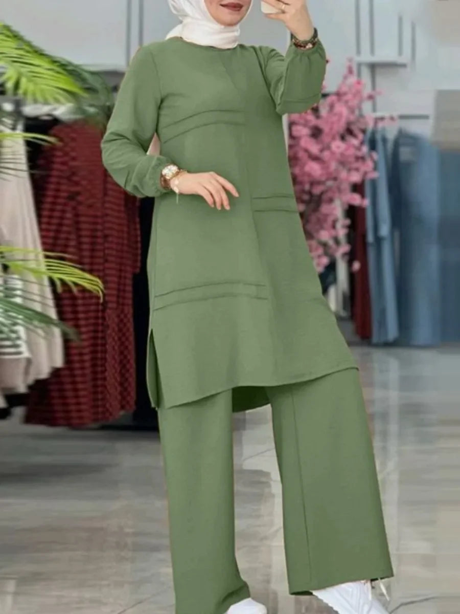 Ramadan Two Piece Sets Shirt Dress &Pants Women Muslim Suits Shirt Blouse Musulman Ensembles Moroccan Kaftan Islamic Dress Sets.