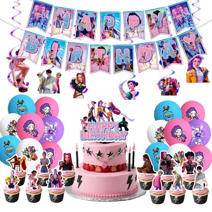 Neue Kpop Dämon Hunter Geburtstag Party Dekoration Geschirr Set Mädchen Luftballons Kuchen Topper Hintergrund Taschen Kinder Party Favor Supplies.
