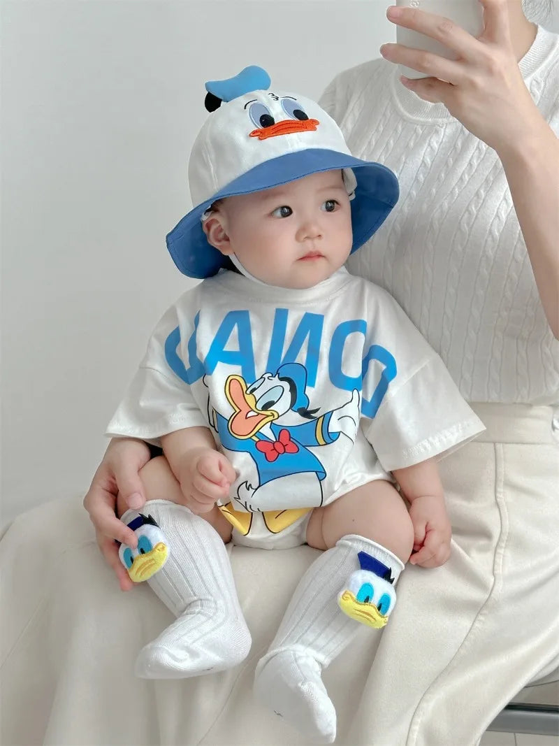 Disney Baby Mädchen Junge Overall Strampler Socke Hut Neugeborene Kleidung Set Baumwolle Cartoon Donald Duck Infant Kleinkind Body Outfit K618.