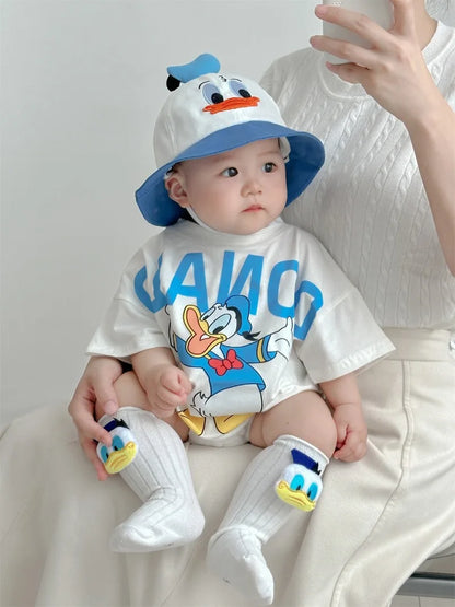 Disney Baby Mädchen Junge Overall Strampler Socke Hut Neugeborene Kleidung Set Baumwolle Cartoon Donald Duck Infant Kleinkind Body Outfit K618.