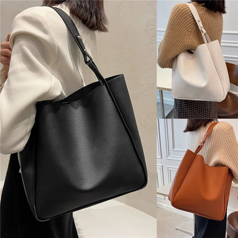 Simple Women Bucket Shoulder Bags New Solid Color Handbags Retro Large Capacity Tote Bags Large Capacity Pu Leather Bags 2024.