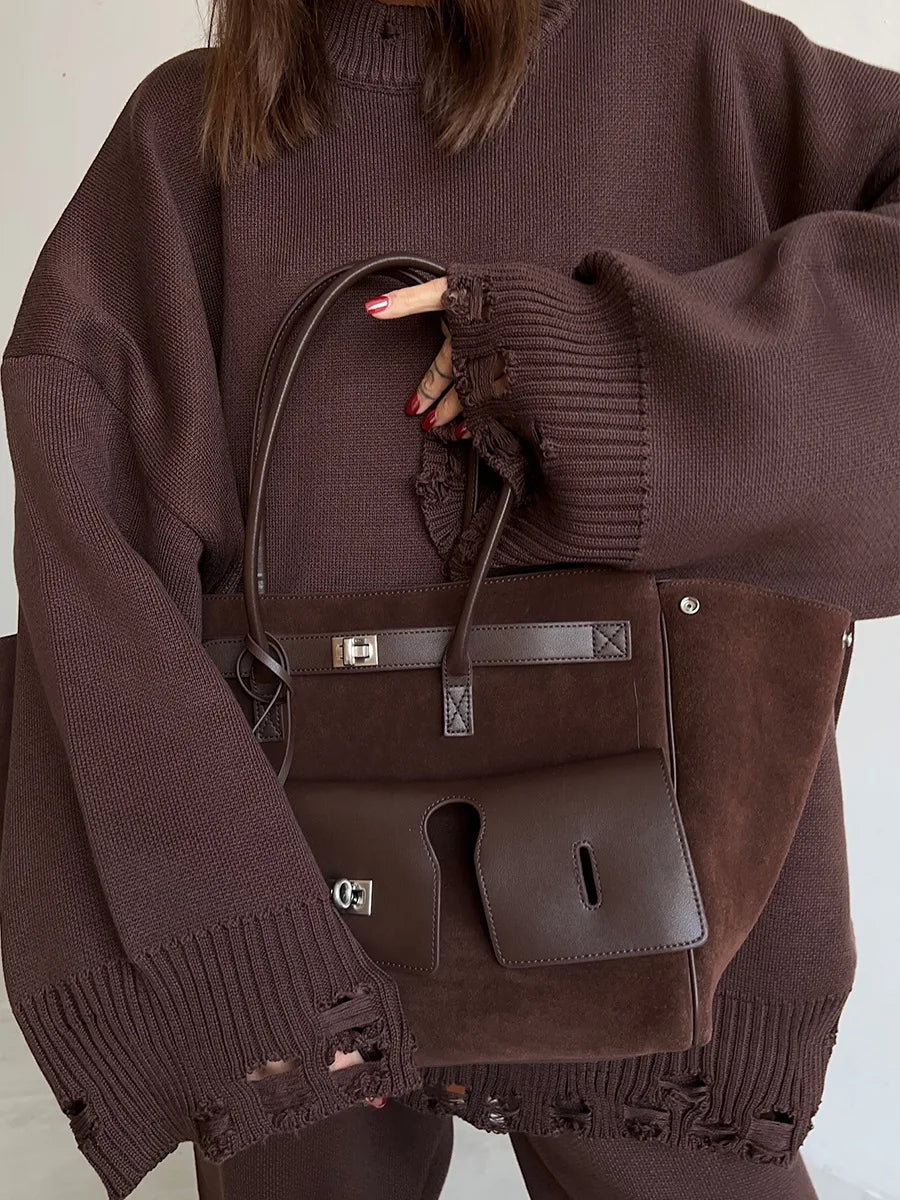 Bornladies Autumn Winter Women's New Turtleneck Knit Sweater Skinny Knit Pants Set Soft Oversized Ripped Hem Fashion Pullover