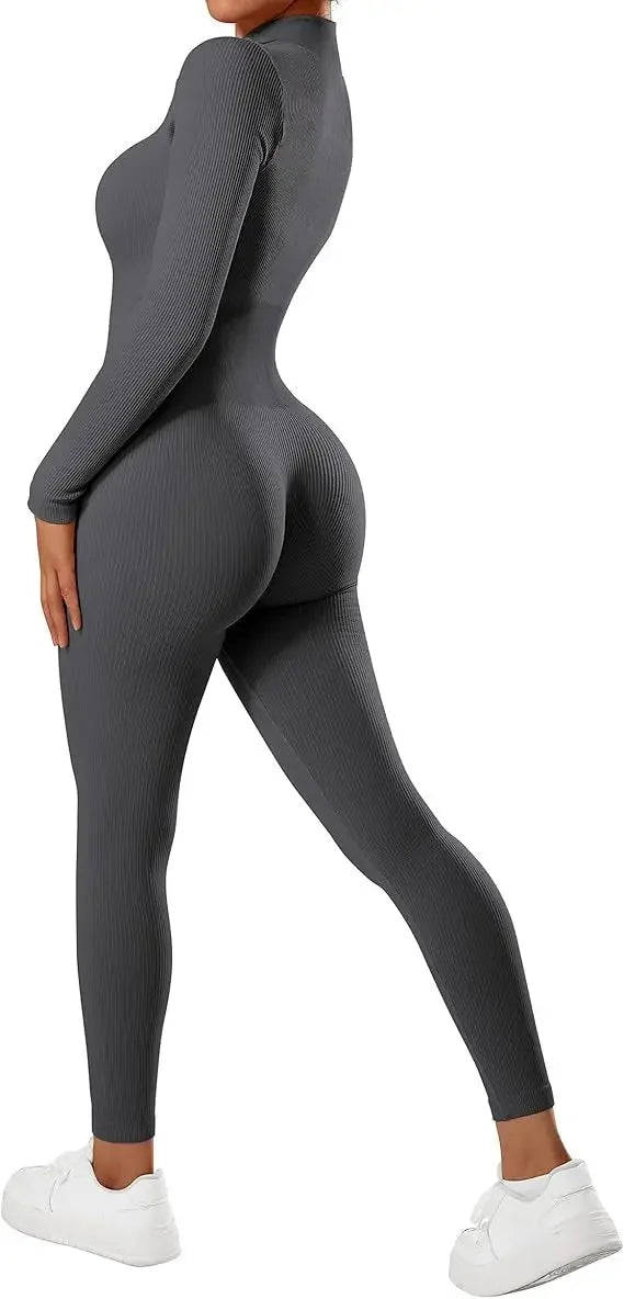 Seamless Long Sleeve Yoga Suit One-Piece Tightening Fitness Leisure Sports Jumpsuit with Zipper for Women