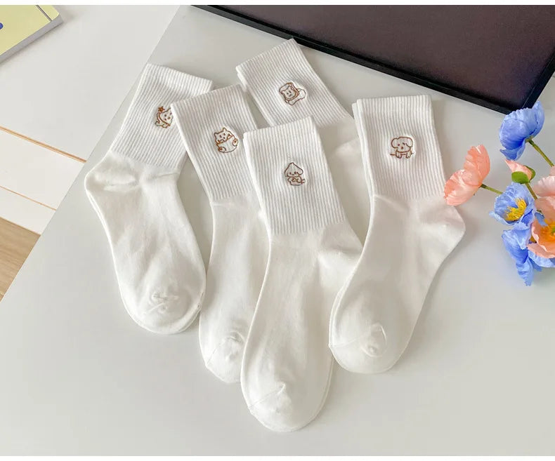5 Pairs of White Women's Embroidered Socks for All Seasons Cotton Socks Mid-high Tube Student Cartoon Sports Socks