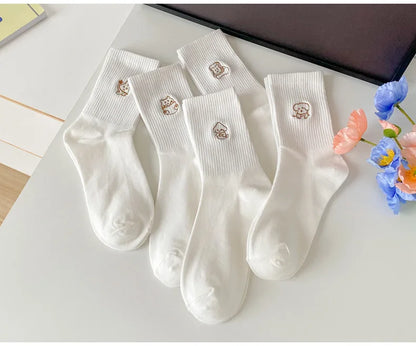 5 Pairs of White Women's Embroidered Socks for All Seasons Cotton Socks Mid-high Tube Student Cartoon Sports Socks