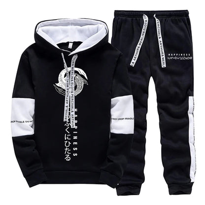 Japanese Fashion Hoodies Sweatpants Men's Hooded Long Sleeved Tracksuit 2pcs Set Harajuku-style All Season Casual Sporty Outfits.
