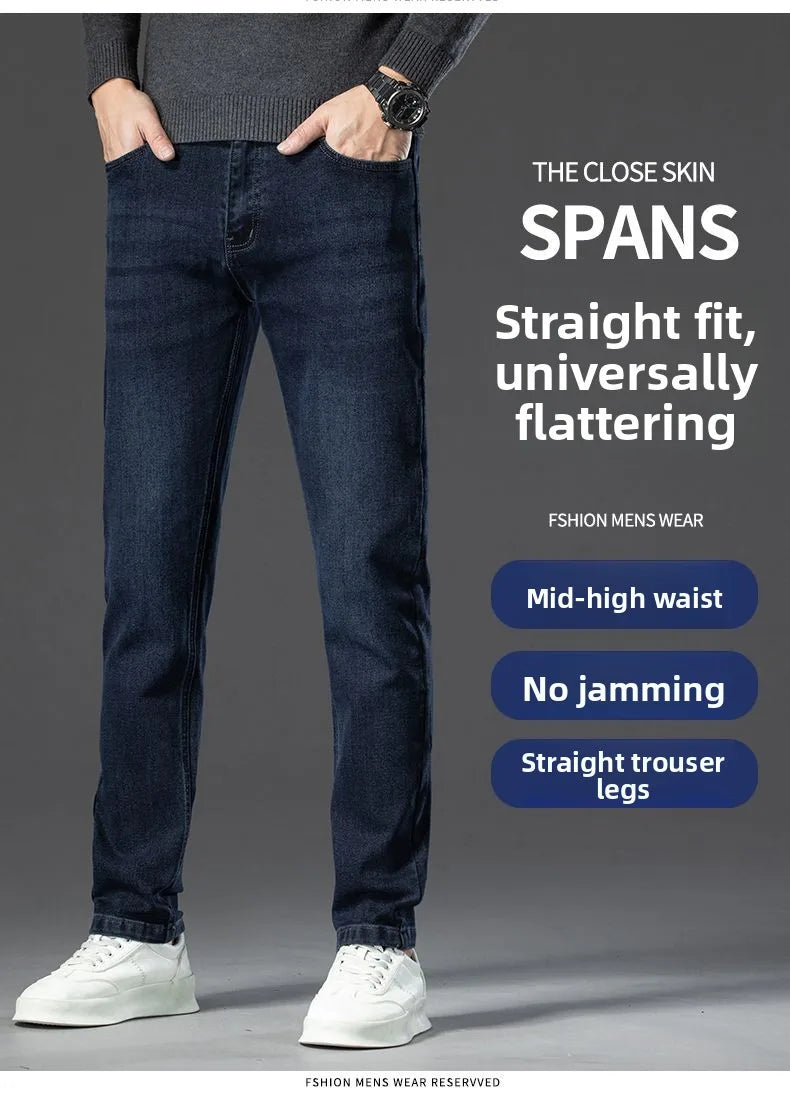 Autumn New Men's Business Jeans High Elasticity Straight Denim Trousers Men's Pants Work Clothes Haze Blue Black Gray Brand.