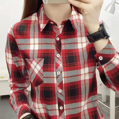 2024 herbst Neue College Stil Plaid Shirts frauen Lange hülse Taste Unten Casual Tops Lose Mode Polo Neck Blusen