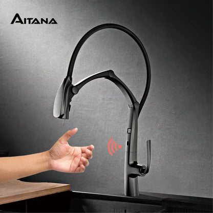 AITANA Gun Grey Luxury Brass LED Display Kitchen Faucet，Touchless Sensor，Pull-Out 3-Function Spray Water-Saving SinK Mixer
