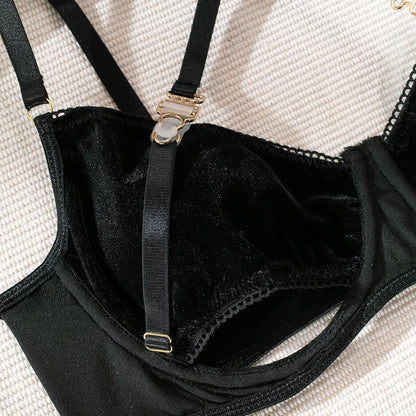 Cut Out Bra and Brief Velvet Erotic Set Women 2-Piece Halter Underwear Patchwork Thong Intimates Sexy Lingerie Pornos Suit Latex