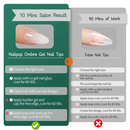 NAILPOP 150Pcs 4 in 1 Ombre Gel Nail Tips White Gradient Soft Gel False Nail Tips Soak Off Fake Nails Extensions DIY 15 Sizes.