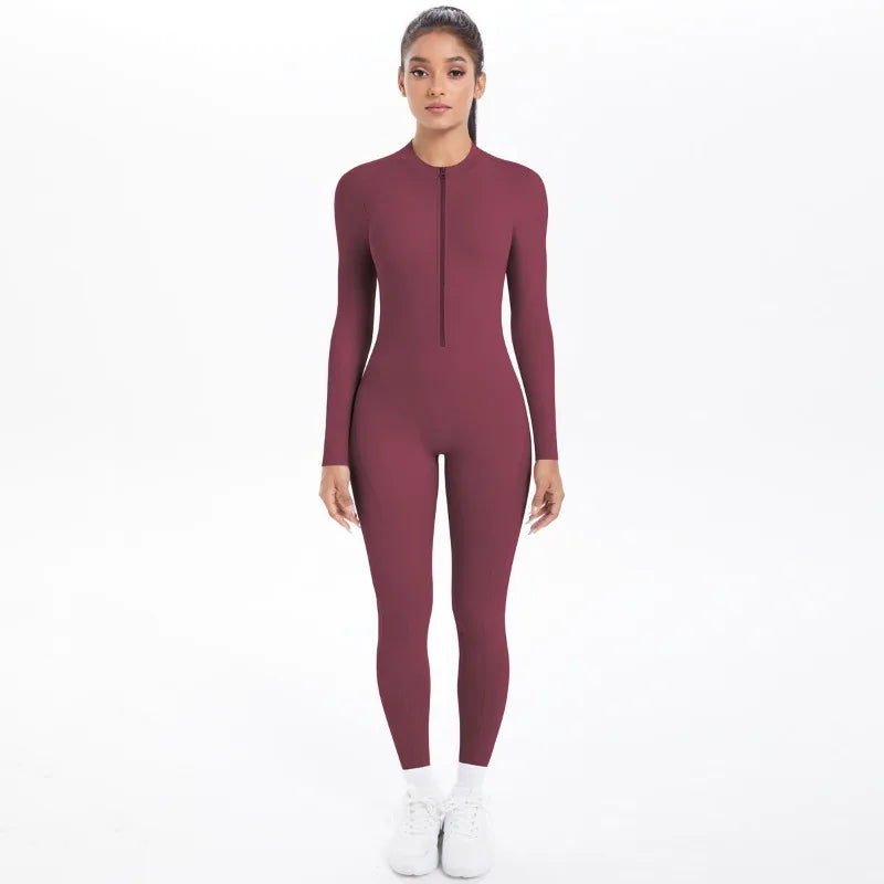 Women's Long Yoga Bodysuit with Half-Zip Sexy Back & Butt Lift for Fitness Running Outdoor Sportswear