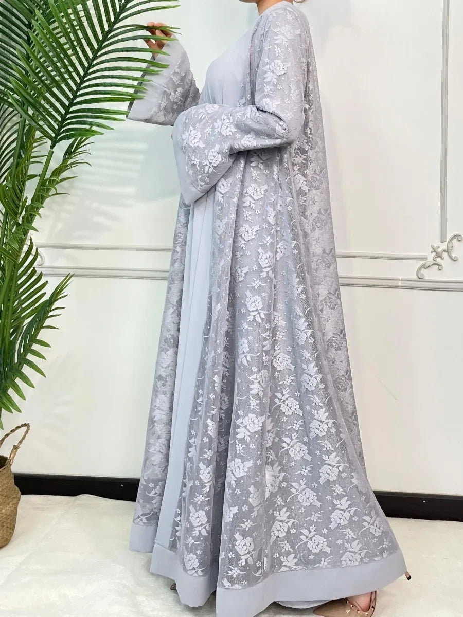 Ramadan Eid Prayer Lace Abaya 2 Piece Set Inner Dress Women Flare Sleeve Long Abayas Kaftan Djellaba Dubai Party Vestidos 2024.