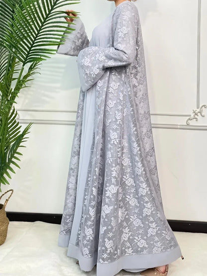 Ramadan Eid Prayer Lace Abaya 2 Piece Set Inner Dress Women Flare Sleeve Long Abayas Kaftan Djellaba Dubai Party Vestidos 2024.
