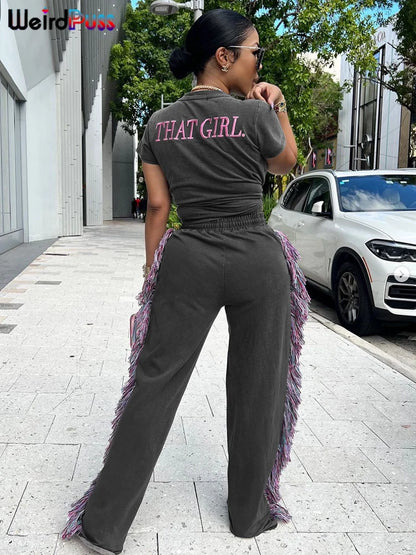Weird Puss Casual Sporty 2 Piece Set Women Letter Embroidery Crop Tops+Side Tassel Straight Pants Matching Streetwear Tracksuits