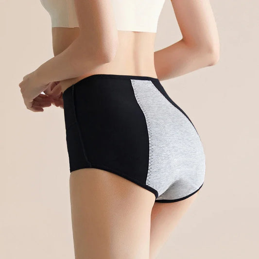 High Waist Period Underwear for Women | Cotton Leak Proof Panties | Anti-Overnight Flow | Plus Size M-4XL (Black/Beige).