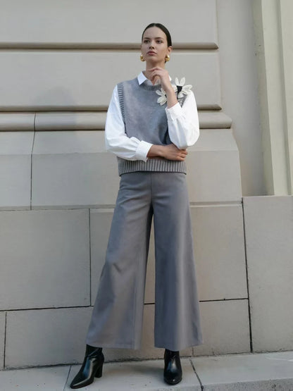 Herbst Winter Elegante Strickwaren 3-teiliges Damen-Pullover-Set Schicke weiße graue schwarze Strickjacke mit Schleifendetail Lässige gestrickte Hose mit weitem Bein