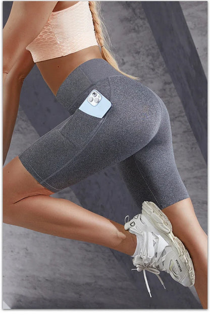 Double Pocket Sports Shorts Women Elastic Slim Shorts Gym Exercise Running High Waist Shorts Summer Yoga Casual Shorts for Women.
