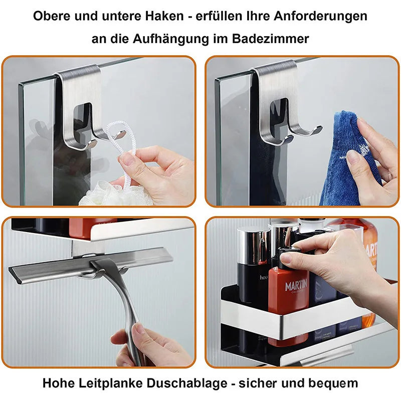 Badezimmer-Tür-Rückseite, hängendes Regal aus Edelstahl über Glastür, Aufbewahrungsregal, Shampoo-Halter, Aufbewahrungstablett für Toilettenartikel mit Haken