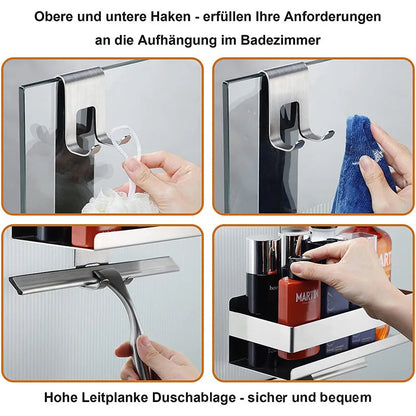 Badezimmer-Tür-Rückseite, hängendes Regal aus Edelstahl über Glastür, Aufbewahrungsregal, Shampoo-Halter, Aufbewahrungstablett für Toilettenartikel mit Haken