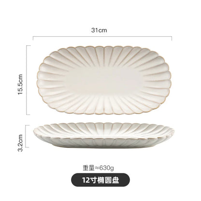 Retro Ceramic Dishes Plates Fish Dish Plates Manual Flower Relief Living Room Dinner Plate Kitchen Fruit Salad Dish Bowl.