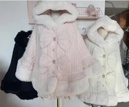 Japanische Liz Süße Prinzessin Faux Kaninchen Fell Cape Mantel Frauen Herbst Winter Pelz Jacke Lose Uhr Strass Bogen Mit Kapuze Mantel