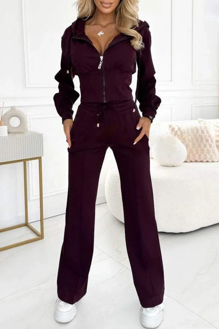 Women's Casual Set Fashion Sports Hooded Zip Tops+High Waist Wide Leg Pants 2 Piece Sets For Women Holiday Clothes Autumn Winter.