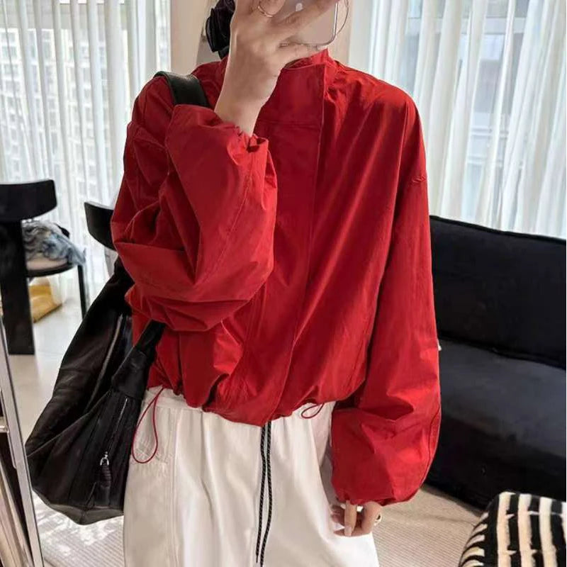 Straße Solide Zipper Dünne Jacke Frauen Stehen Kragen Volle Hülse Kordelzug Straße Jacken 2025, Herbst Dame Casual Outwears Neue.